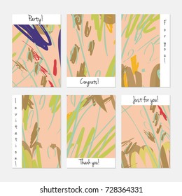 Hand drawn creative universal invitation greeting cards template. Abstract scribbles doodles bright colors.Birthday, wedding, party, social media banners templates. Isolated vector card templates.
