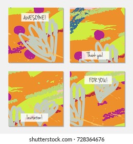 Hand drawn creative universal invitation greeting card template. Abstract scribbles doodles bright colors.Birthday, wedding, party, social media banners templates. Isolated vector card templates.