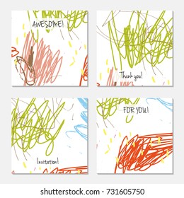 Hand drawn creative universal invitation greeting card template. Abstract scribbles doodles bright colors.Birthday, wedding, party, social media banners templates. Isolated vector card templates.