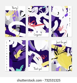 Hand drawn creative universal invitation greeting cards template. Abstract scribbles doodles bright colors.Birthday, wedding, party, social media banners templates. Isolated vector card templates.