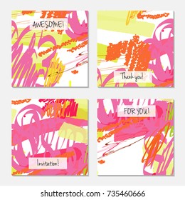 Hand drawn creative universal invitation greeting card template. Abstract scribbles doodles bright colors.Birthday, wedding, party, social media banners templates. Isolated vector card templates.