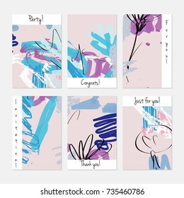Hand drawn creative universal invitation greeting cards template. Abstract scribbles doodles bright colors.Birthday, wedding, party, social media banners templates. Isolated vector card templates.