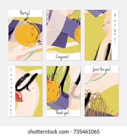 Plantilla de tarjetas de bienvenida de invitación universal dibujada a mano. Dibuja garabatos con colores brillantes. Cumpleaños, boda, fiesta, plantillas de banners de medios sociales. Plantillas de tarjetas vectoriales aisladas.