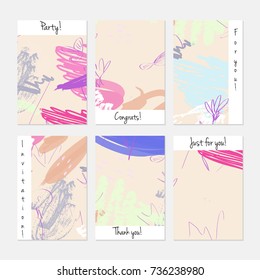 Hand drawn creative universal invitation greeting cards template. Abstract scribbles doodles bright colors.Birthday, wedding, party, social media banners templates. Isolated vector card templates.