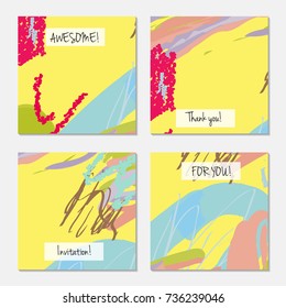 Hand drawn creative universal invitation greeting card template. Abstract scribbles doodles bright colors.Birthday, wedding, party, social media banners templates. Isolated vector card templates.