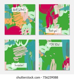 Hand drawn creative universal invitation greeting card template. Abstract scribbles doodles bright colors.Birthday, wedding, party, social media banners templates. Isolated vector card templates.