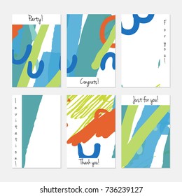Hand drawn creative universal invitation greeting cards template. Abstract scribbles doodles bright colors.Birthday, wedding, party, social media banners templates. Isolated vector card templates.