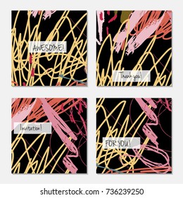 Hand drawn creative universal invitation greeting card template. Abstract scribbles doodles bright colors.Birthday, wedding, party, social media banners templates. Isolated vector card templates.