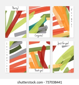 Hand drawn creative universal invitation greeting cards template. Abstract scribbles doodles bright colors.Birthday, wedding, party, social media banners templates. Isolated vector card templates.