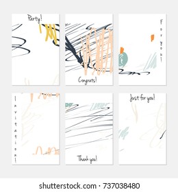 Hand drawn creative universal invitation greeting cards template. Abstract scribbles doodles bright colors.Birthday, wedding, party, social media banners templates. Isolated vector card templates.