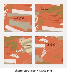 Hand drawn creative universal invitation greeting card template. Abstract scribbles doodles bright colors.Birthday, wedding, party, social media banners templates. Isolated vector card templates.