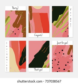Hand drawn creative universal invitation greeting cards template. Abstract scribbles doodles bright colors.Birthday, wedding, party, social media banners templates. Isolated vector card templates.
