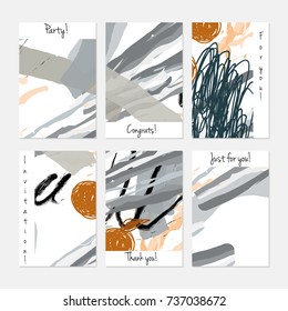 Hand drawn creative universal invitation greeting cards template. Abstract scribbles doodles bright colors.Birthday, wedding, party, social media banners templates. Isolated vector card templates.