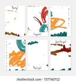 Hand drawn creative universal invitation greeting cards template. Abstract scribbles doodles bright colors.Birthday, wedding, party, social media banners templates. Isolated vector card templates.