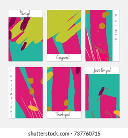 Hand drawn creative universal invitation greeting cards template. Abstract scribbles doodles bright colors.Birthday, wedding, party, social media banners templates. Isolated vector card templates.
