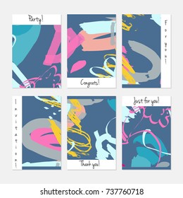 Hand drawn creative universal invitation greeting cards template. Abstract scribbles doodles bright colors.Birthday, wedding, party, social media banners templates. Isolated vector card templates.