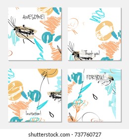Hand drawn creative universal invitation greeting card template. Abstract scribbles doodles bright colors.Birthday, wedding, party, social media banners templates. Isolated vector card templates.