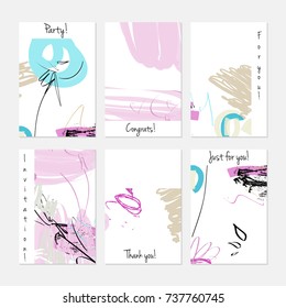 Hand drawn creative universal invitation greeting cards template. Abstract scribbles doodles bright colors.Birthday, wedding, party, social media banners templates. Isolated vector card templates.