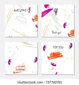 Hand drawn creative universal invitation greeting card template. Abstract scribbles doodles bright colors.Birthday, wedding, party, social media banners templates. Isolated vector card templates.