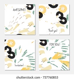 Hand drawn creative universal invitation greeting card template. Abstract scribbles doodles bright colors.Birthday, wedding, party, social media banners templates. Isolated vector card templates.