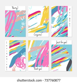 Hand drawn creative universal invitation greeting cards template. Abstract scribbles doodles bright colors.Birthday, wedding, party, social media banners templates. Isolated vector card templates.