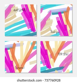Hand drawn creative universal invitation greeting card template. Abstract scribbles doodles bright colors.Birthday, wedding, party, social media banners templates. Isolated vector card templates.