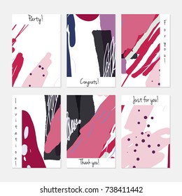 Hand drawn creative universal invitation greeting cards template. Abstract scribbles doodles bright colors.Birthday, wedding, party, social media banners templates. Isolated vector card templates.