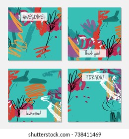 Hand drawn creative universal invitation greeting card template. Abstract scribbles doodles bright colors.Birthday, wedding, party, social media banners templates. Isolated vector card templates.