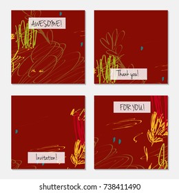 Hand drawn creative universal invitation greeting card template. Abstract scribbles doodles bright colors.Birthday, wedding, party, social media banners templates. Isolated vector card templates.