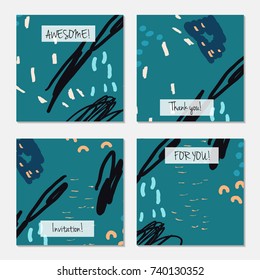 Hand drawn creative universal invitation greeting card template. Abstract scribbles doodles bright colors.Birthday, wedding, party, social media banners templates. Isolated vector card templates.