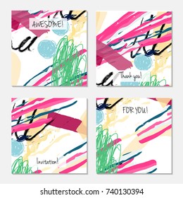 Hand drawn creative universal invitation greeting card template. Abstract scribbles doodles bright colors.Birthday, wedding, party, social media banners templates. Isolated vector card templates.