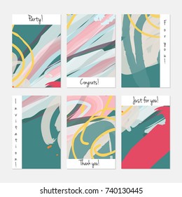 Hand drawn creative universal invitation greeting cards template. Abstract scribbles doodles bright colors.Birthday, wedding, party, social media banners templates. Isolated vector card templates.