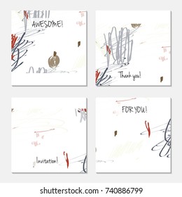 Hand drawn creative universal invitation greeting card template. Abstract scribbles doodles bright colors.Birthday, wedding, party, social media banners templates. Isolated vector card templates.