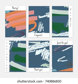 Hand drawn creative universal invitation greeting cards template. Abstract scribbles doodles bright colors.Birthday, wedding, party, social media banners templates. Isolated vector card templates.