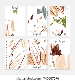 Hand drawn creative universal invitation greeting cards template. Abstract scribbles doodles bright colors.Birthday, wedding, party, social media banners templates. Isolated vector card templates.