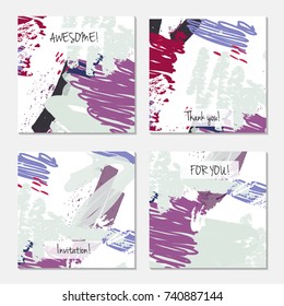 Hand drawn creative universal invitation greeting card template. Abstract scribbles doodles bright colors.Birthday, wedding, party, social media banners templates. Isolated vector card templates.