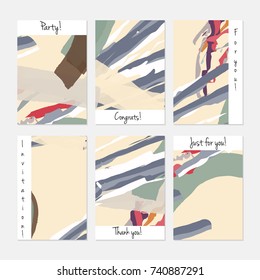 Hand drawn creative universal invitation greeting cards template. Abstract scribbles doodles bright colors.Birthday, wedding, party, social media banners templates. Isolated vector card templates.