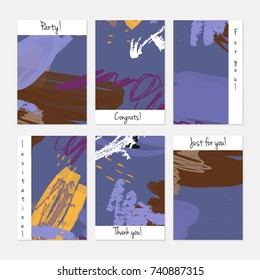 Hand drawn creative universal invitation greeting cards template. Abstract scribbles doodles bright colors.Birthday, wedding, party, social media banners templates. Isolated vector card templates.