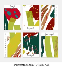 Hand drawn creative universal invitation greeting cards template. Abstract scribbles doodles bright colors.Birthday, wedding, party, social media banners templates. Isolated vector card templates.
