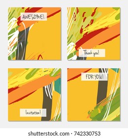 Hand drawn creative universal invitation greeting card template. Abstract scribbles doodles bright colors.Birthday, wedding, party, social media banners templates. Isolated vector card templates.