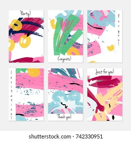 Hand drawn creative universal invitation greeting cards template. Abstract scribbles doodles bright colors.Birthday, wedding, party, social media banners templates. Isolated vector card templates.