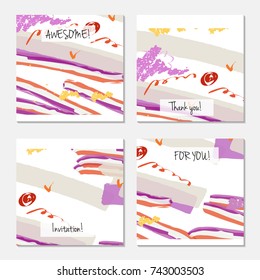 Hand drawn creative universal invitation greeting card template. Abstract scribbles doodles bright colors.Birthday, wedding, party, social media banners templates. Isolated vector card templates.