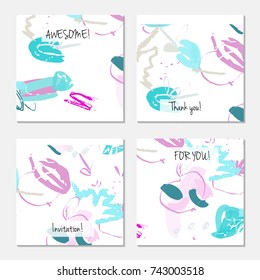 Hand drawn creative universal invitation greeting card template. Abstract scribbles doodles bright colors.Birthday, wedding, party, social media banners templates. Isolated vector card templates.