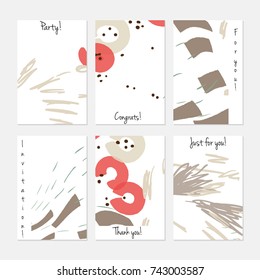 Hand drawn creative universal invitation greeting cards template. Abstract scribbles doodles bright colors.Birthday, wedding, party, social media banners templates. Isolated vector card templates.
