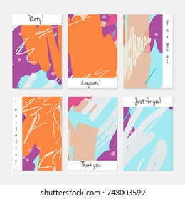 Hand drawn creative universal invitation greeting cards template. Abstract scribbles doodles bright colors.Birthday, wedding, party, social media banners templates. Isolated vector card templates.