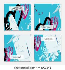 Hand drawn creative universal invitation greeting card template. Abstract scribbles doodles bright colors.Birthday, wedding, party, social media banners templates. Isolated vector card templates.