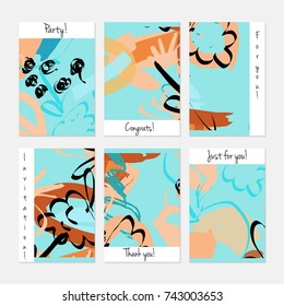 Hand drawn creative universal invitation greeting cards template. Abstract scribbles doodles bright colors.Birthday, wedding, party, social media banners templates. Isolated vector card templates.