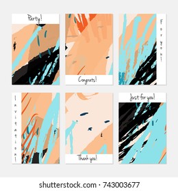 Hand drawn creative universal invitation greeting cards template. Abstract scribbles doodles bright colors.Birthday, wedding, party, social media banners templates. Isolated vector card templates.
