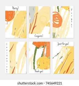 Hand drawn creative universal invitation greeting cards template. Abstract scribbles doodles bright colors.Birthday, wedding, party, social media banners templates. Isolated vector card templates.