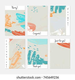 Hand drawn creative universal invitation greeting cards template. Abstract scribbles doodles bright colors.Birthday, wedding, party, social media banners templates. Isolated vector card templates.